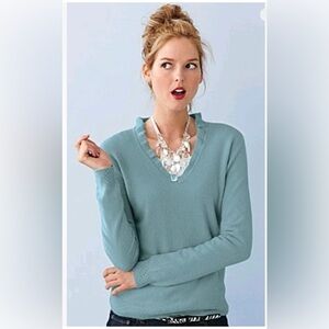 Garnet Hill Cashmere Ruffle V-Neck Sweater - Aqua